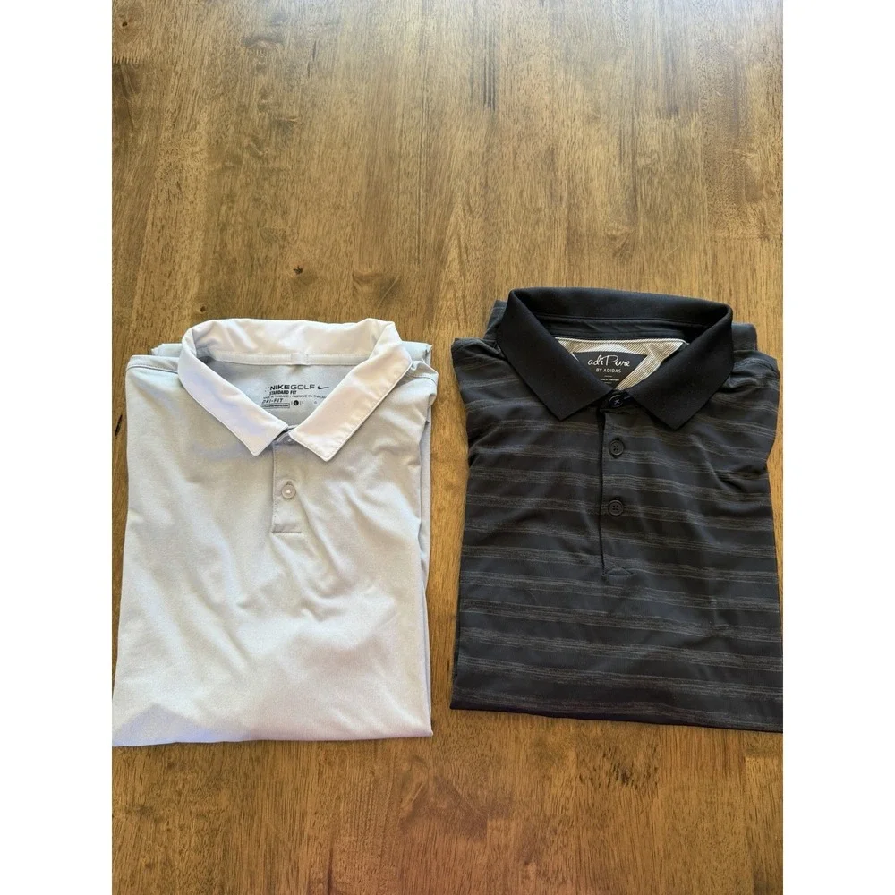 Lot of 2 Nike Golf Dri-Fit & Adidas adiPure Men's Polo Shirts Gray Black Large L